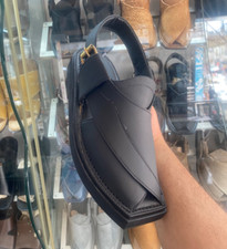 mens handmade pure leather peshawari chappal vibrum sole kaptaan Black sued