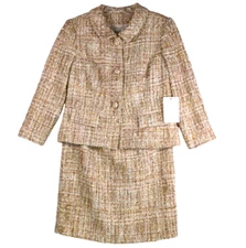 Womens Designer Skirt Suit Size 6 Boucle Tweed Pencil Skirt & Jacket Beige NEW