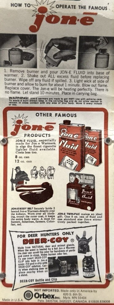 Vintage Orbex Jon-E Self Starting Hand Warmer Made in USA W Bag Refillable