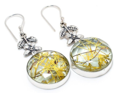 Golden Rutilated Quartz Gemstone 925 Sterling Silver Handmade Jewelry Earrings