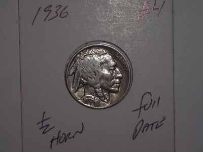 BUFFALO NICKEL 1936 INDIAN HEAD 5 CENT 1936-P LOT #4A XF/AU DETAILS 1/2 HORN