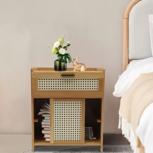 Nightstand Bamboo Bedroom Bedside Cabinet Storage Side Table Sliding Door Design - Picture 2 of 6