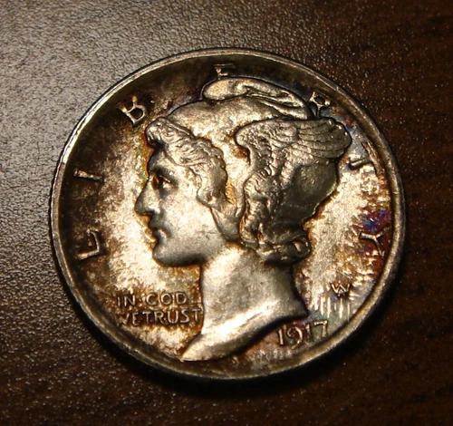 1917 Mercury Silver Dime Choice Uncirculated Rainbow Toning