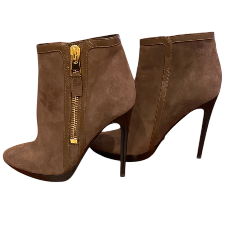 NUEVOS TOM FORD Botines Marrón Gamuza Dorado Detalle Cremallera, Talla 40 Foto 2 de 4