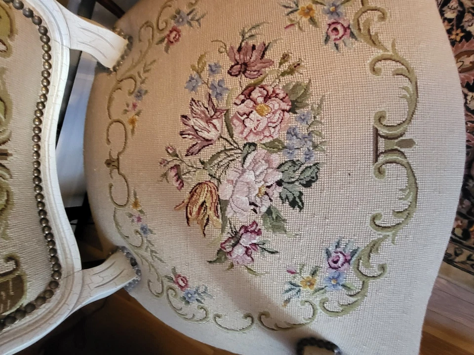 Louis XVI French Style  Fauteuil Chairs Set Hand Embroidered Custom Made - Image 2 of 4