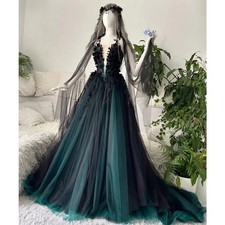 Dark Green And Black Gothic Wedding Dresses 3D Floral Applique Halter Backless