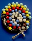 Vintage Catholic  Multi Color Milk Glass Rosary, Silver Tone Crucifix