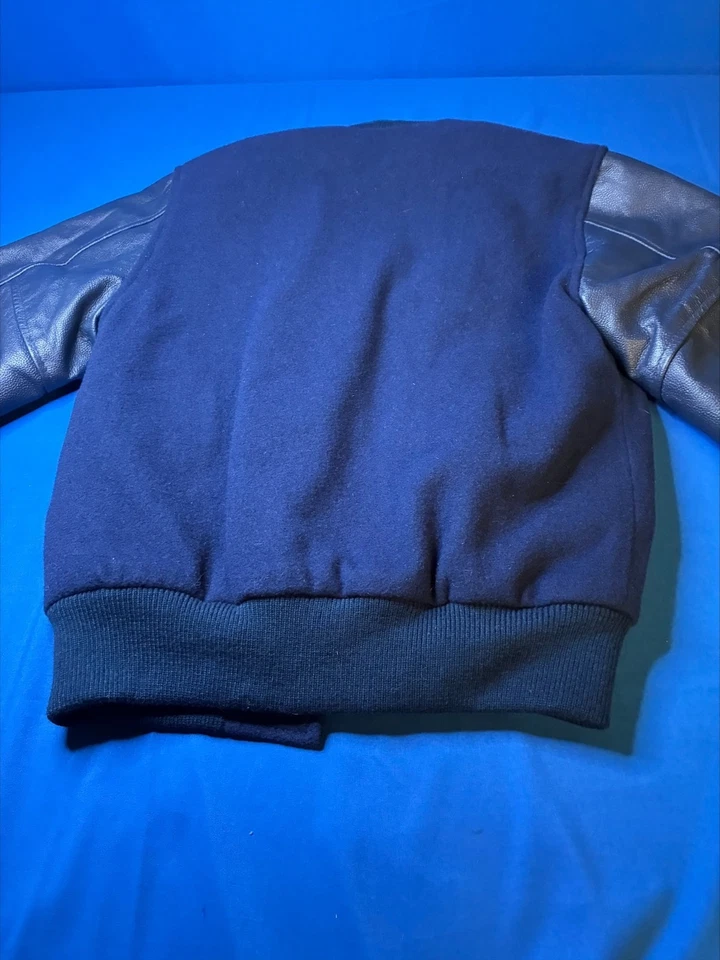 Chaqueta Universitaria Vintage Stewart Strauss Unisex Azul Marino Lana y Cuero Genuino Foto 2 de 4
