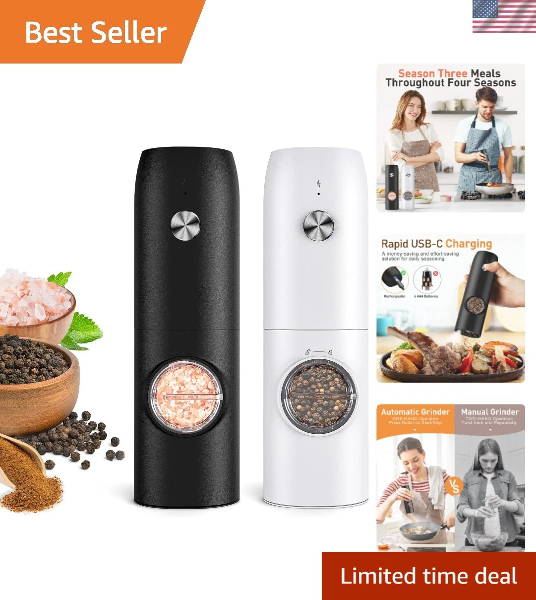 Elegant One-Handed Electric Salt and Pepper Grinders - Adjustable Coarseness