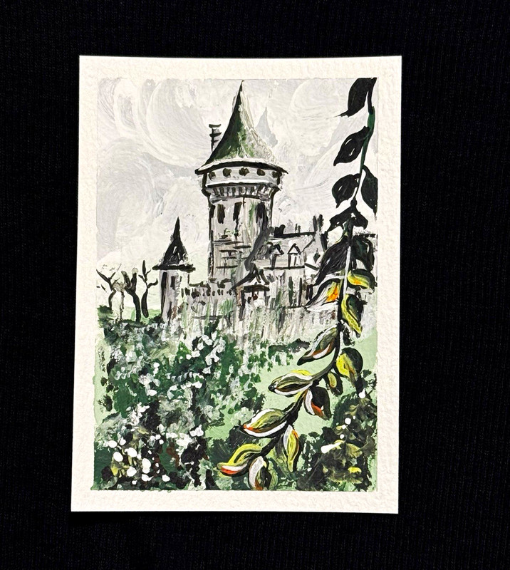 ACEO Art - Medieval Castle, Fantasy, Landscape - Acrylic 2.5x3.5 by M.A.R