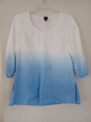 BLUE by Saks Fifth Avenue Womens M Linen Tunic Top White Blue Ombré Dip Dye Boho - Picture 7 of 9