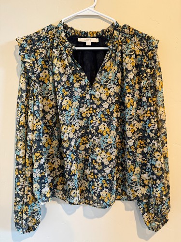 LOFT Women’s Floral Long Sleeve Blouse – Size Small – Navy Yellow White Flowers