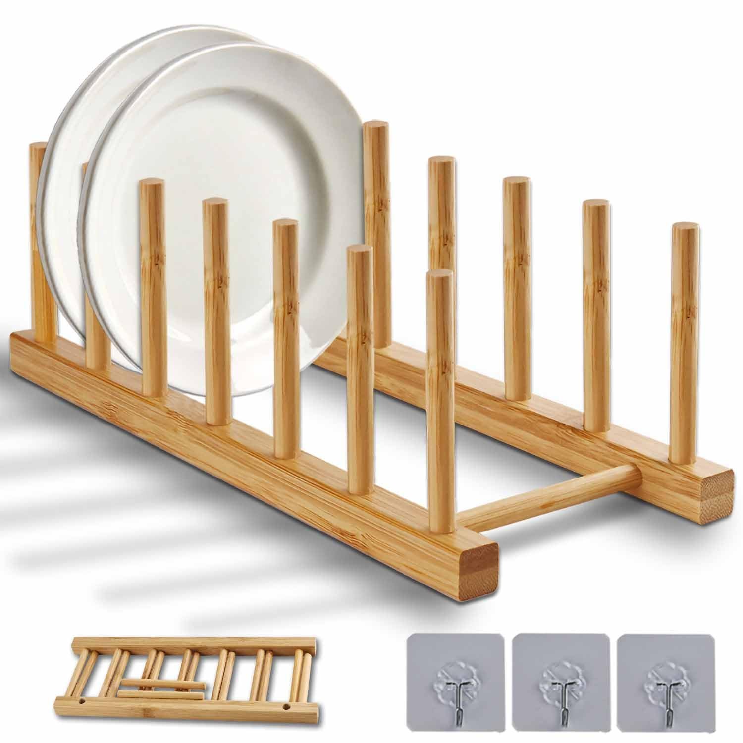 Bamboo Dish Rack, Stylish Vertical Wooden Plate Holder & Drainer, Multi-Purpo...