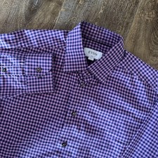Eton Dress Shirt Mens 15.5 39 M Pink Purple Gingham Slim Fit Long Sleeve Cotton