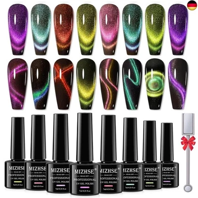 MIZHSE Cat Eye UV Gel Set, 9D Cateye Magnet Nagellack Set, 8 Farben