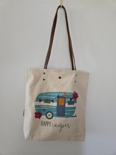 Borsa in tela stampa camper campeggio con manici in pelle e tasca interna campeggio