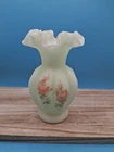Fenton Hand Painted Roses On Custard  Melon Vase Artist Signed UV Glow