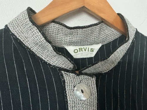 Blusa Camisa Orvis Negra Gris Paneles Retazos Botón Frontal Sin Cuello, Grande - Imagen 3 de 7