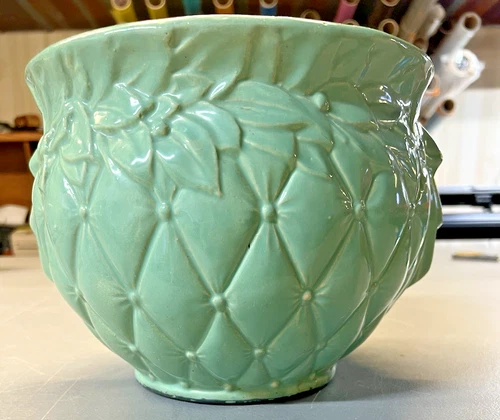 Vintage Large McCoy Diamond Quilted Leaf & Berries Seafoam Green Jardiniere Pot