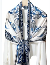 100% Silk mulberry Scarf Women neckerchief Shawl Wrap floral blue gray HD1-87