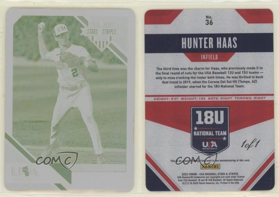 2020 USA Baseball Stars & Stripes Printing Plate Yellow 1/1 Hunter Haas #36 0g4 - Image 3 of 3