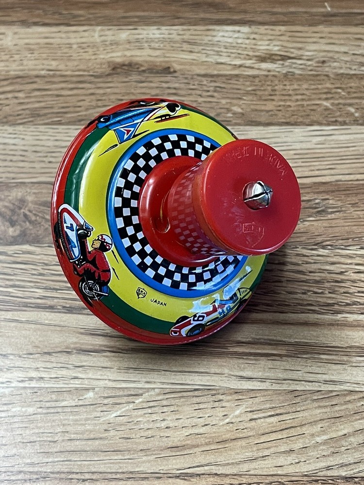 Vintage SKK Japanese Tin Toy Spinning Top Race Cars - Working Condition