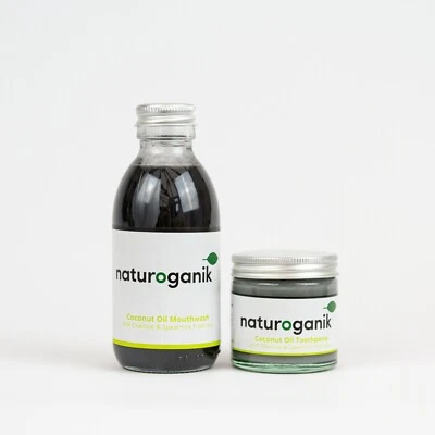 NATUROGANIK Coconut Oil Toothpaste Charcoal (60ML) & Mouthwash (150ML) & Charcoal Spearmint