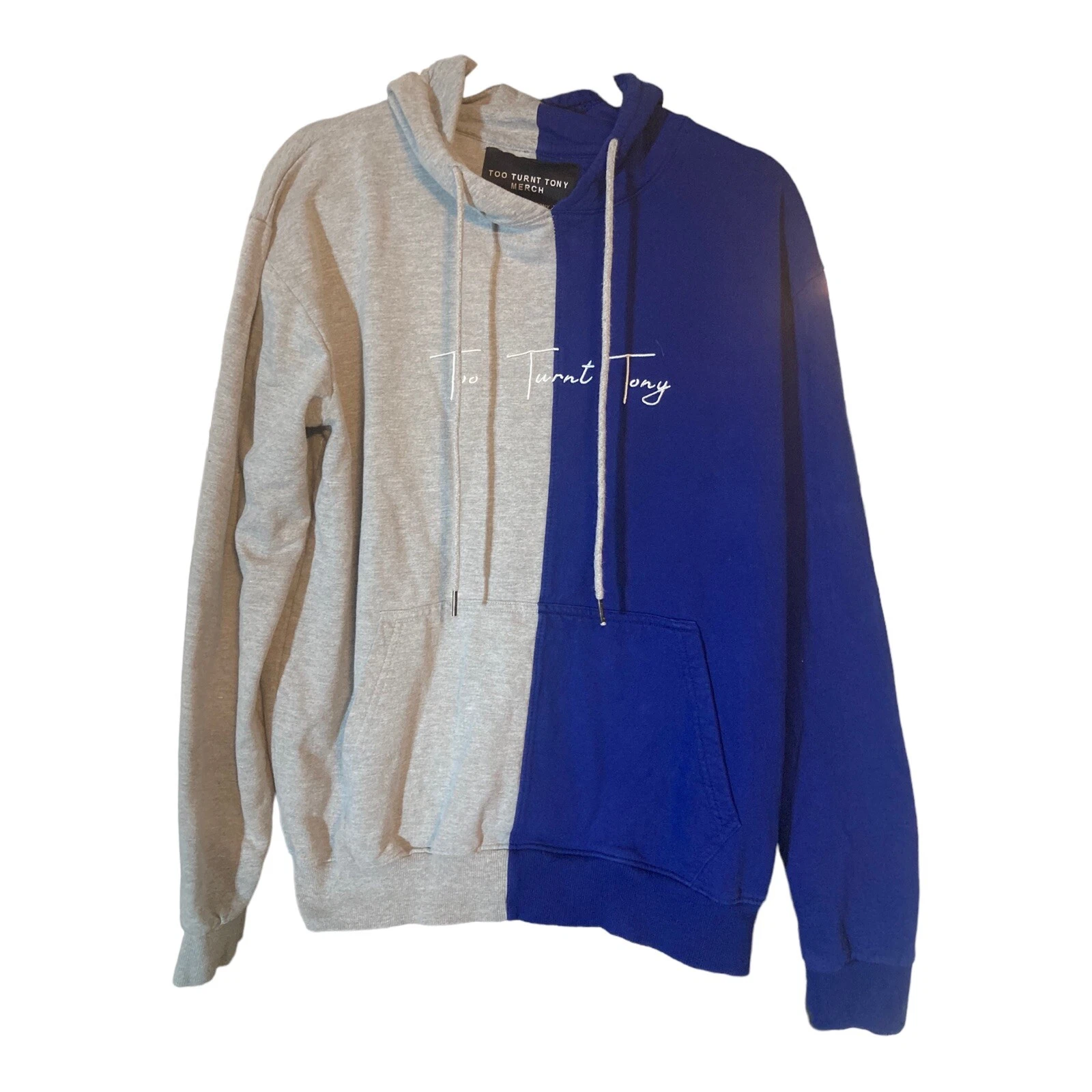 Too Turnt Tony Split Color Hoodie Sweatshirt Blue Gray Too Turnt Tea Rare Men L