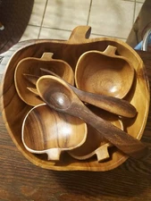 Vintage Alli Honolulu 7 Piece Wooden Apple Shaped Salad Bowl Set Plus Utensils