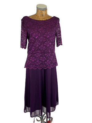 KLASS DRESS 12 PURPLE Upper Floral Lace Sequin Lower Chiffon Shawl Midi Occasion