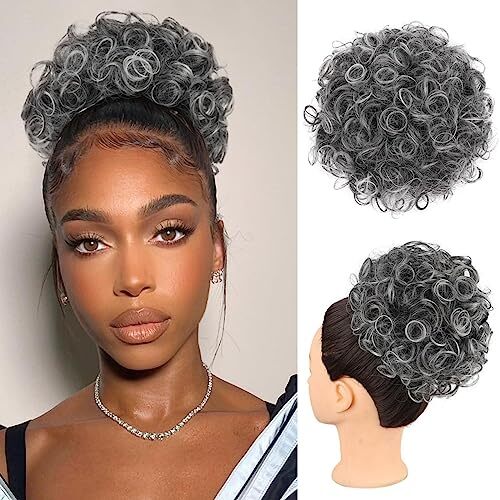 KRSI Salt and Pepper Hair Bun Curly Messy Gray Buns Hair for Black T1B