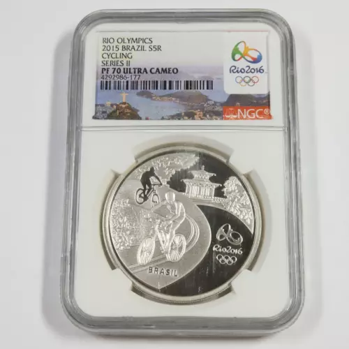 2015 NGC PF70 UCAM - BRAZIL .925 Silver Rio Olympics Cycling 5 Reais Coin 50350A