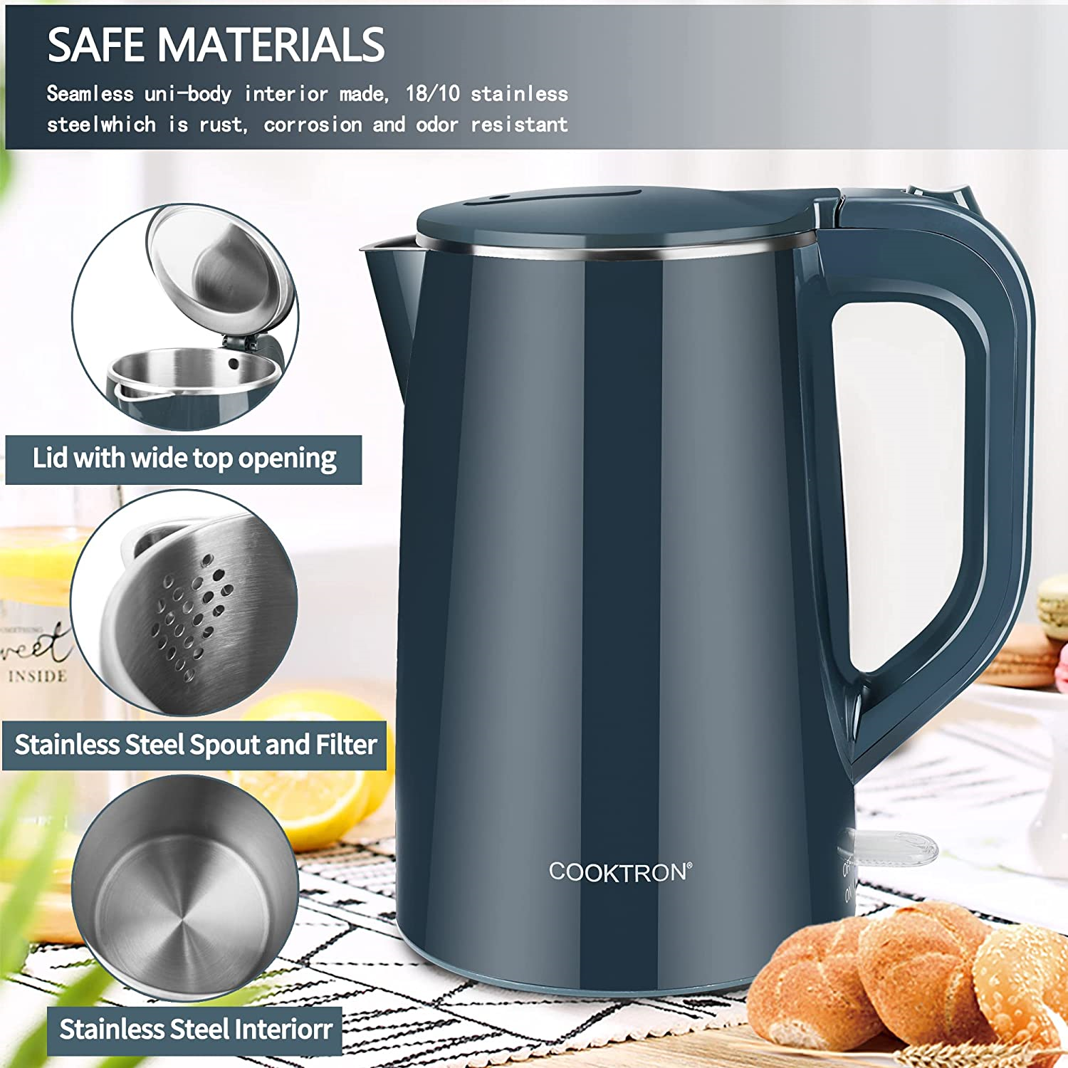 COOKTRON 1.7L Quiet Electric Kettle Double Wall Hot Water Boiler BPA