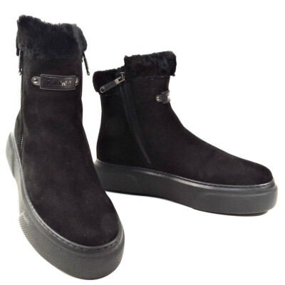 BALDININI   WOMEN'S BLACK SUEDE WINTER COMFORT FLATS TWO ZIPES BOOTIES