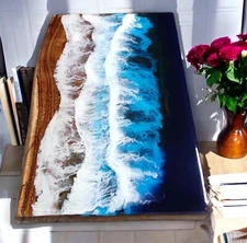 Ocean Waves Blue Epoxy Table Tops Handmade Custom Made Resin River Wooden Slab