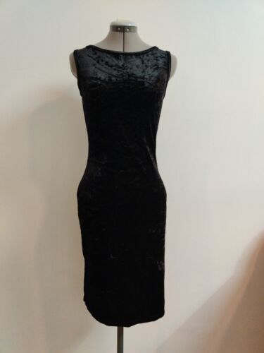 Vtg 90s Black Crushed Velour Goth Dress Bodycon Wiggle Sleeveless Sz S/M USA - Picture 1 of 13