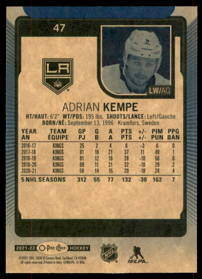 2021-22 O-Pee-Chee Blue Border Adrian Kempe #47 - Image 2 of 2