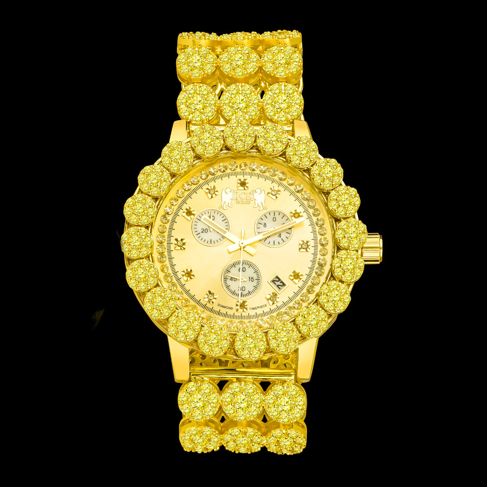 Montre Homme IceHouse Or Canari - Lunette Pavée Diamant, Quartz Japonais, Chronographe - Neuf Avec étiquettes
