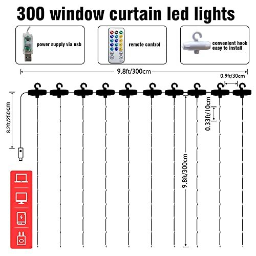Curtain String Lights, 300 LED 9.8ft x 9.8ft 8 Lighting Modes Fairy Purple - Picture 2 of 6