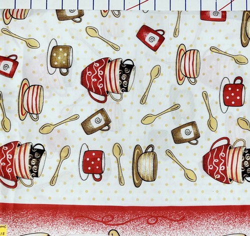 Double Border Cafe Coffee Tea Cups Spoons Fabric BTY Polka Dots Red Brown Yellow - Picture 6 of 8