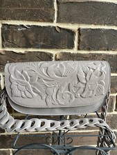 NWT 199 Patricia Nash Chelsey Vintage Veg Tan Cavo Tooled Chainlink Crossb gray