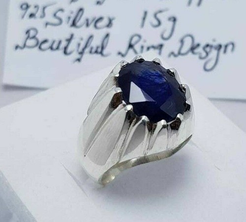 Anello Uomo Con Zaffiro Naturale Blu &ndash; Argento 925 &ndash; Pietra Grande Ovale &ndash; Fatto A Mano