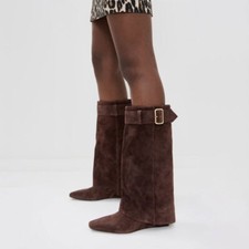 New Belt Buckle Suede Leather Knee High Boots Square Toe High Wedge Heels Boots