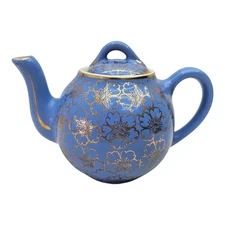 Vintage MCM Hall Periwinkle Blue Gold Floral Pattern 2 Cup Mini Teapot 