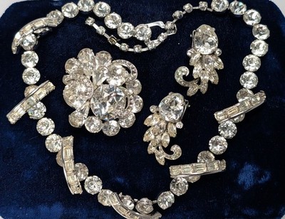 Vintage EISENBERG Block Mark Set Necklace Brooch Earrings Blue Box Mid-Century