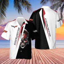 Custom Name Men's Corvette Logo C6 Racing Black White Skull Hawaiian Shirt S-5XL