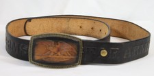 Vtg Leather Belt  Buckle Embossed Bear Arms Guns Eagle Alumaline Pristine 42.5"