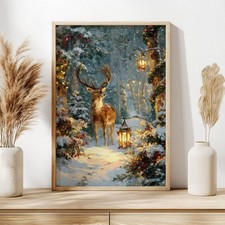 Christmas Reindeer Poster, Vintage Winter Forest Wall Art