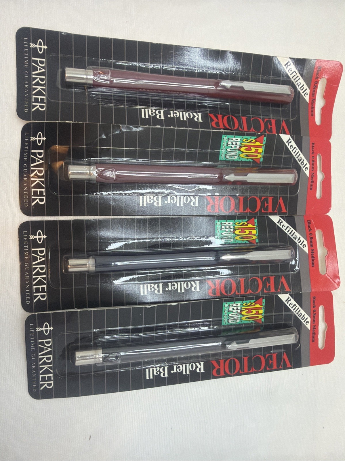 Parker Vector Rollerball Pens 2 Burgundy & 2 Black 0.8mm Black Ink Medium VTG