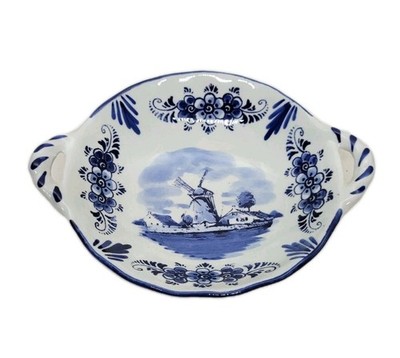 Vintage Delft Holland Blue & White Handled Dish Windmill Scene Hand Painted